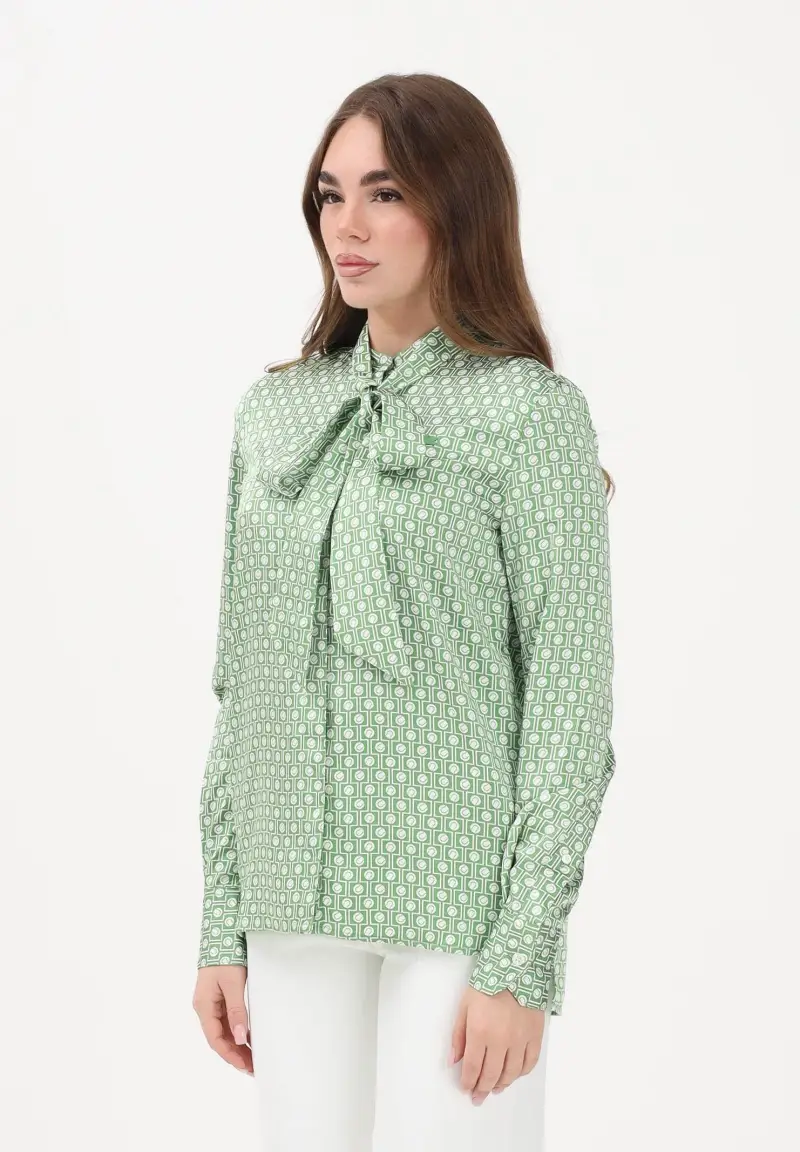 Camicia a manica lunga bianca e verde da donna con collo annodato staccabile