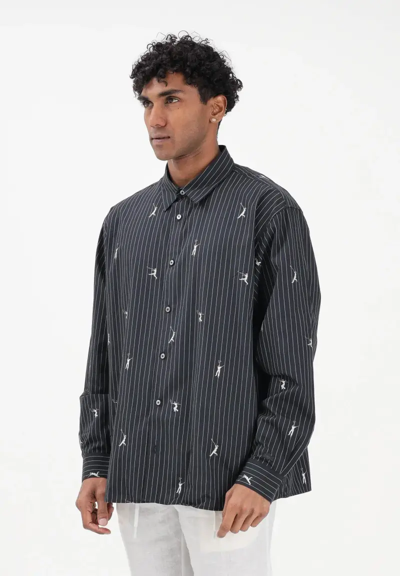 Camicia a manica lunga nera da uomo con fantasia