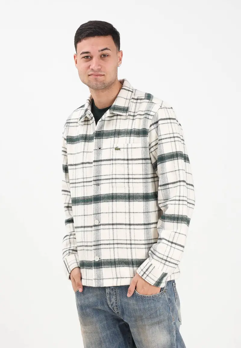 Camicia a manica lunga panna da uomo con motivo scozzese verde miniatura 2
