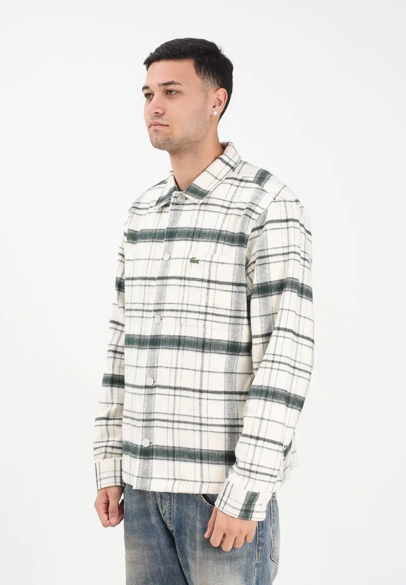 Camicia a manica lunga panna da uomo con motivo scozzese verde