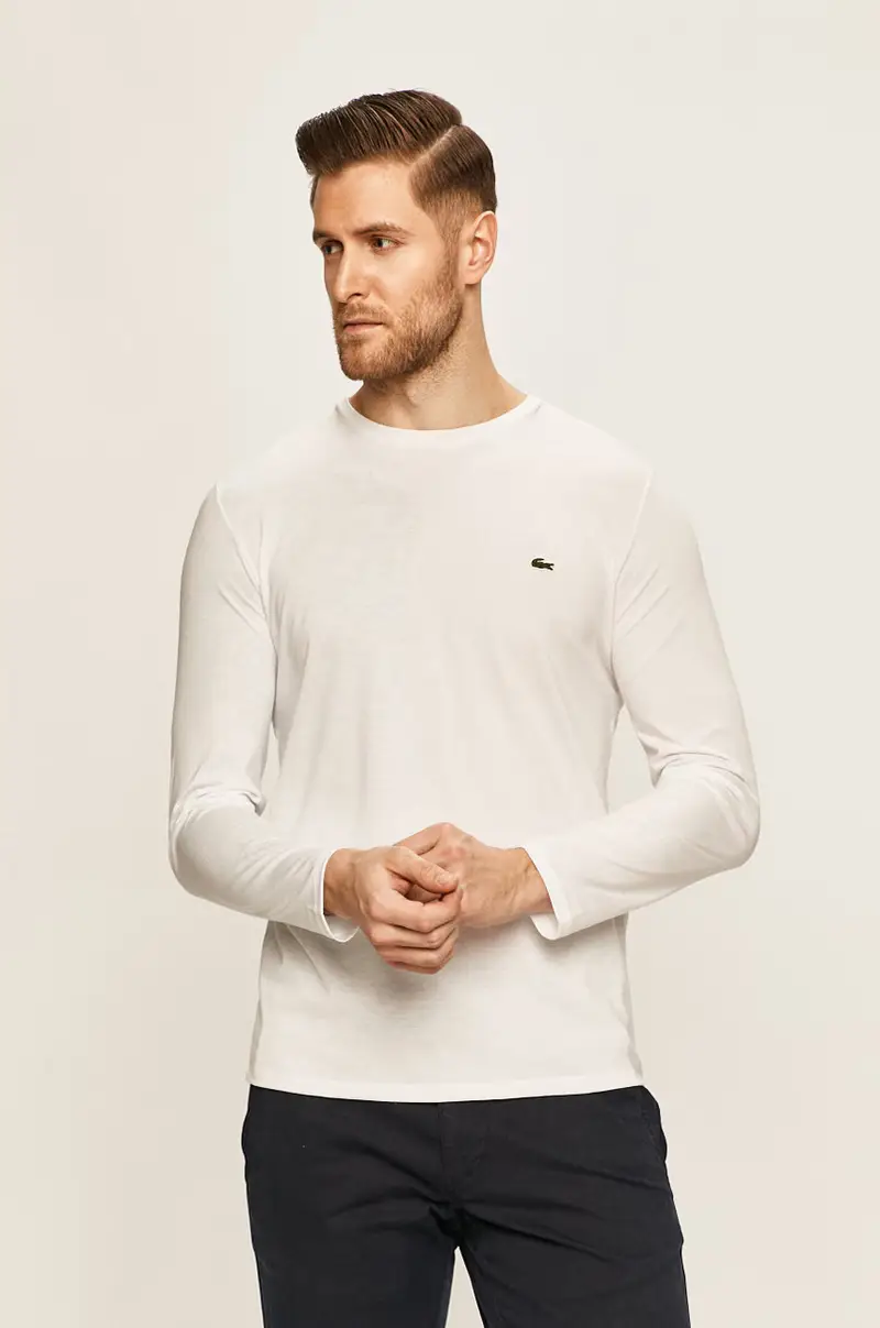 Lacoste Maglia a Maniche Lunghe Bianco in Tessuto Elasticizzato