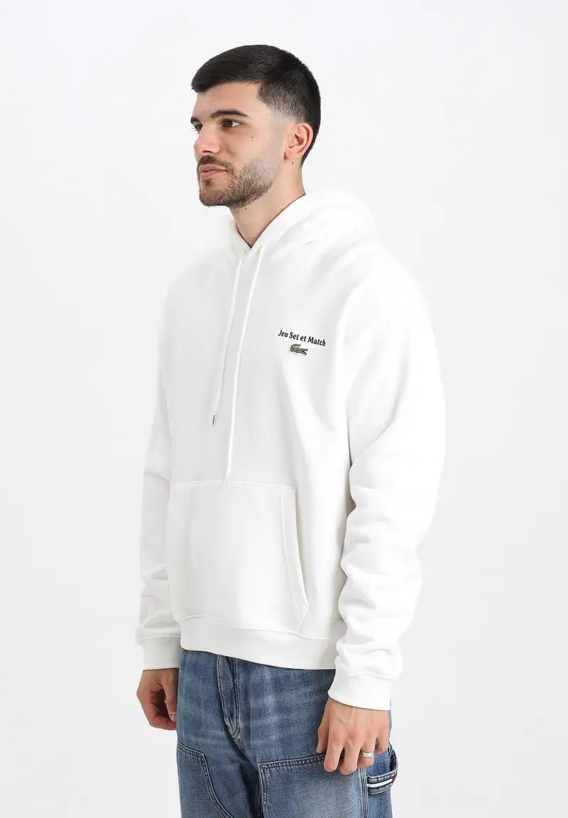 Felpa con cappuccio bianca da uomo caratterizzata da stampa multipla