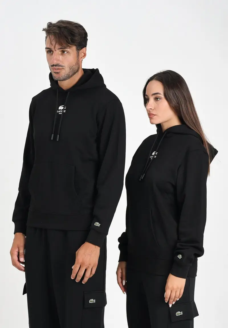 LACOSTE Felpa con cappuccio nera per uomo e donna con stampa
