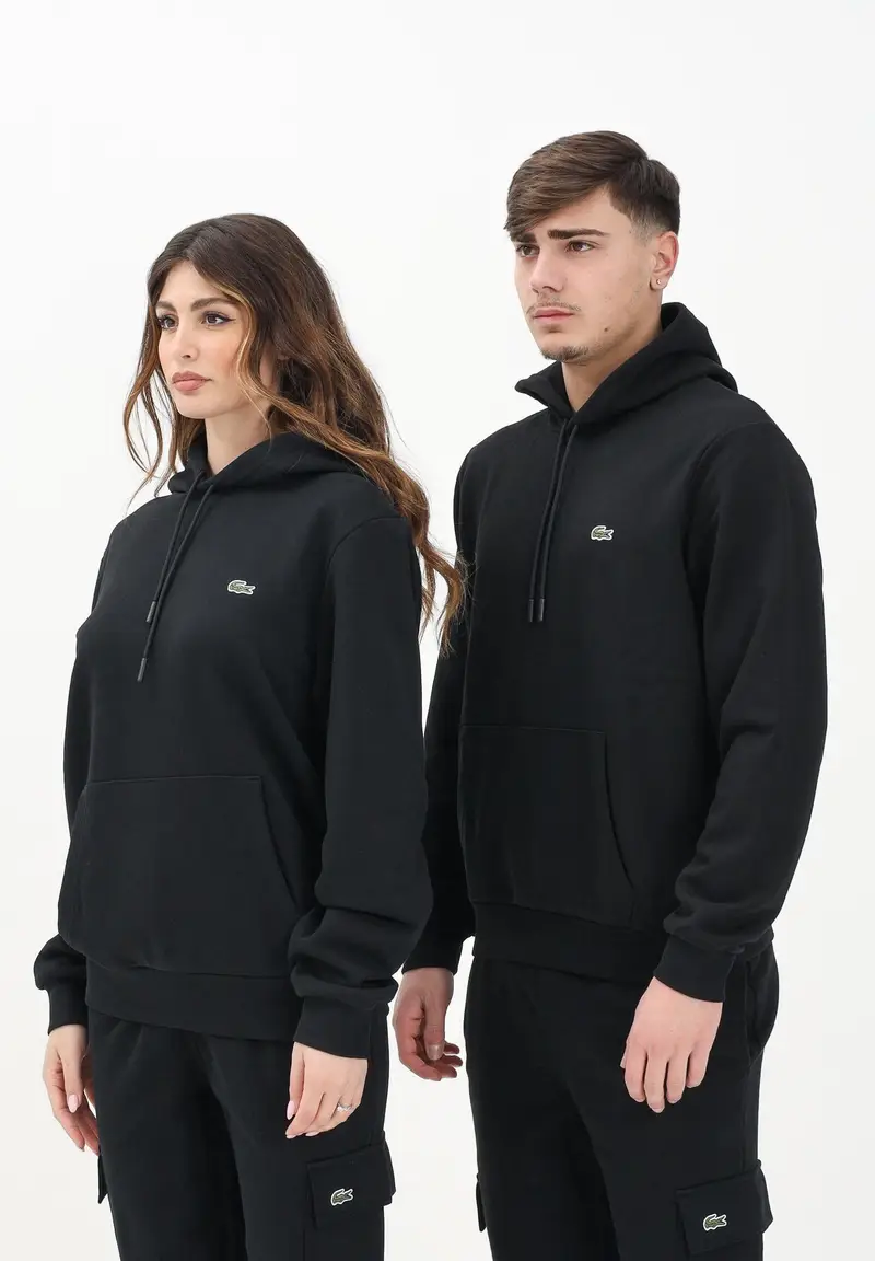 LACOSTE Felpa con cappuccio nera per uomo e donna rifinita da patch logo