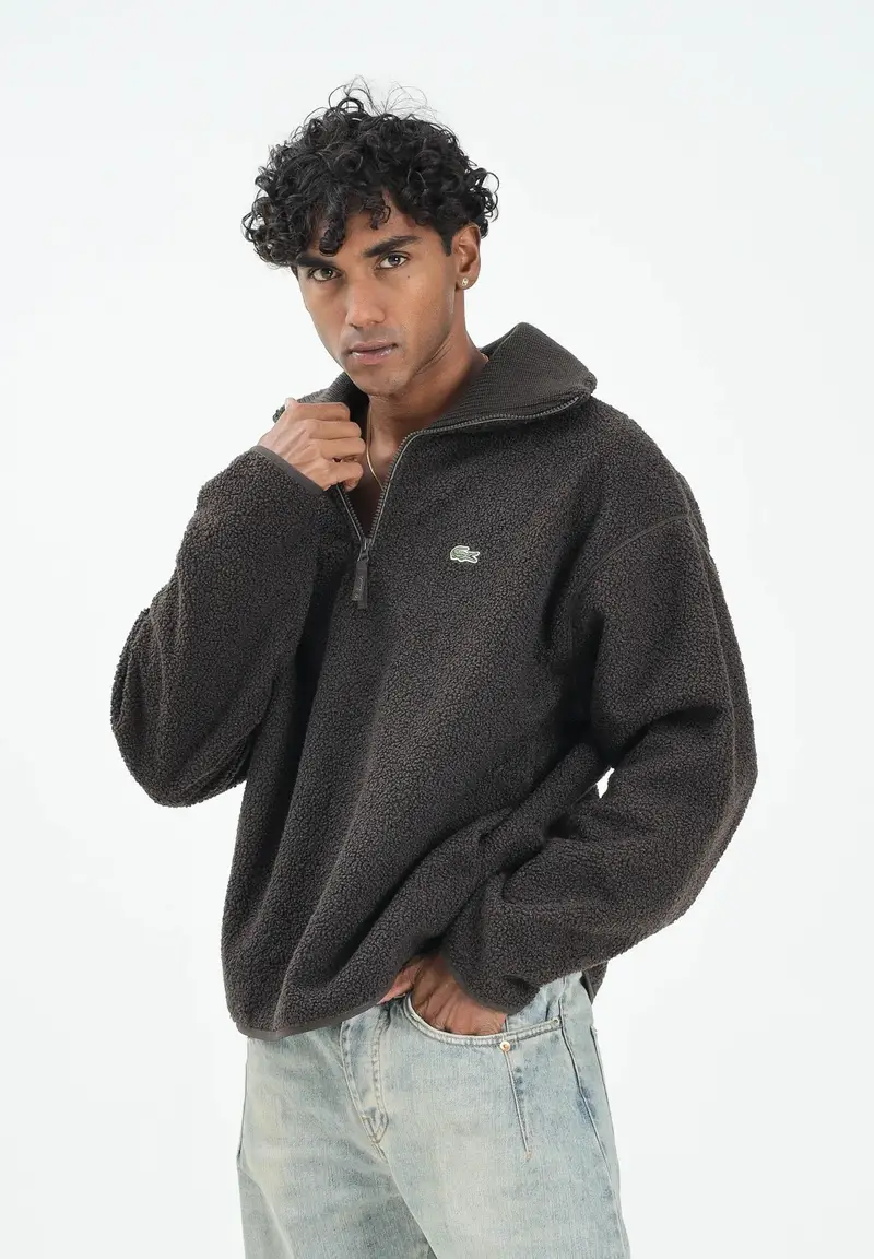 Felpa con mezza zip marrone da uomo in pile polare miniatura 2