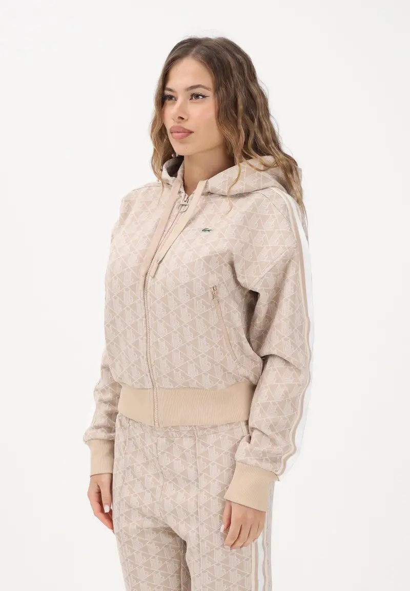 Felpa con zip beige da donna in jacquard con monogramma