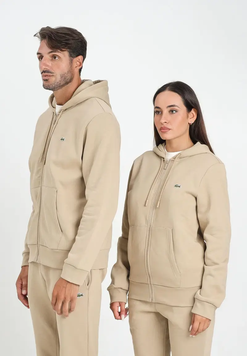 LACOSTE Felpa con zip beige per uomo e donna rifinita da ricamo coccodrillo