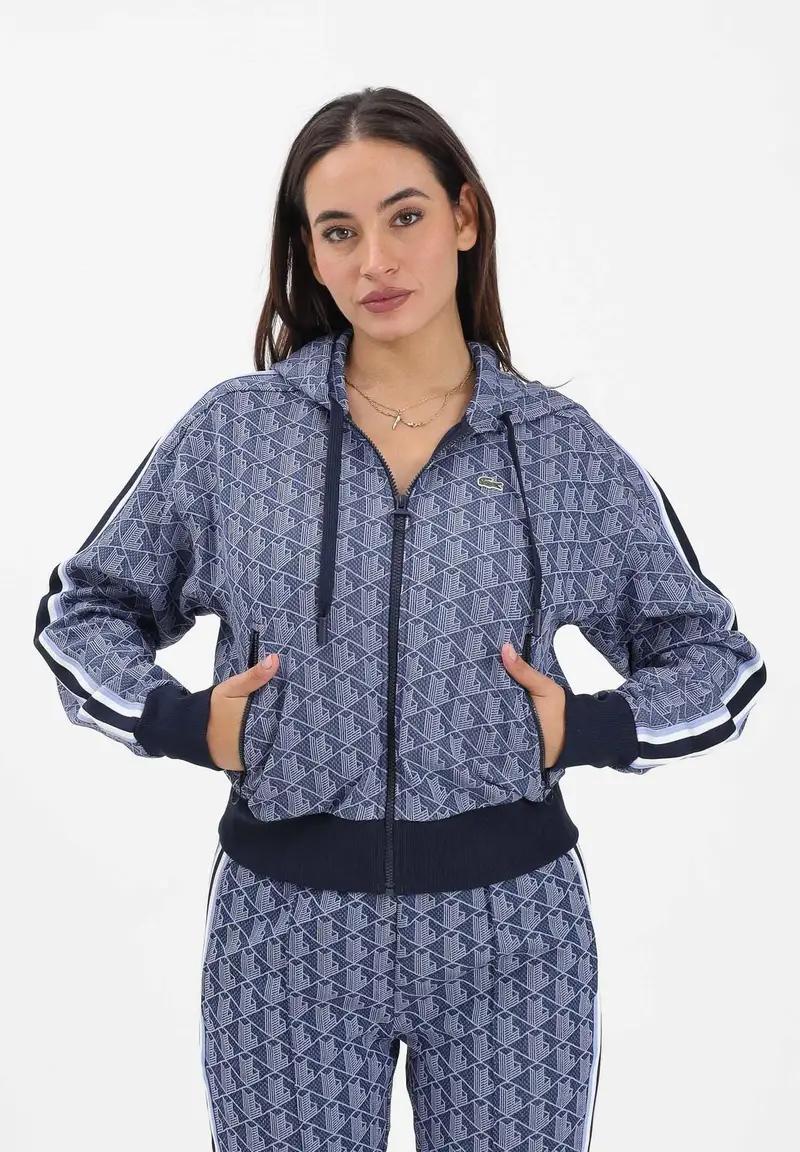 Felpa con zip blu da donna in jacquard con monogramma miniatura 2