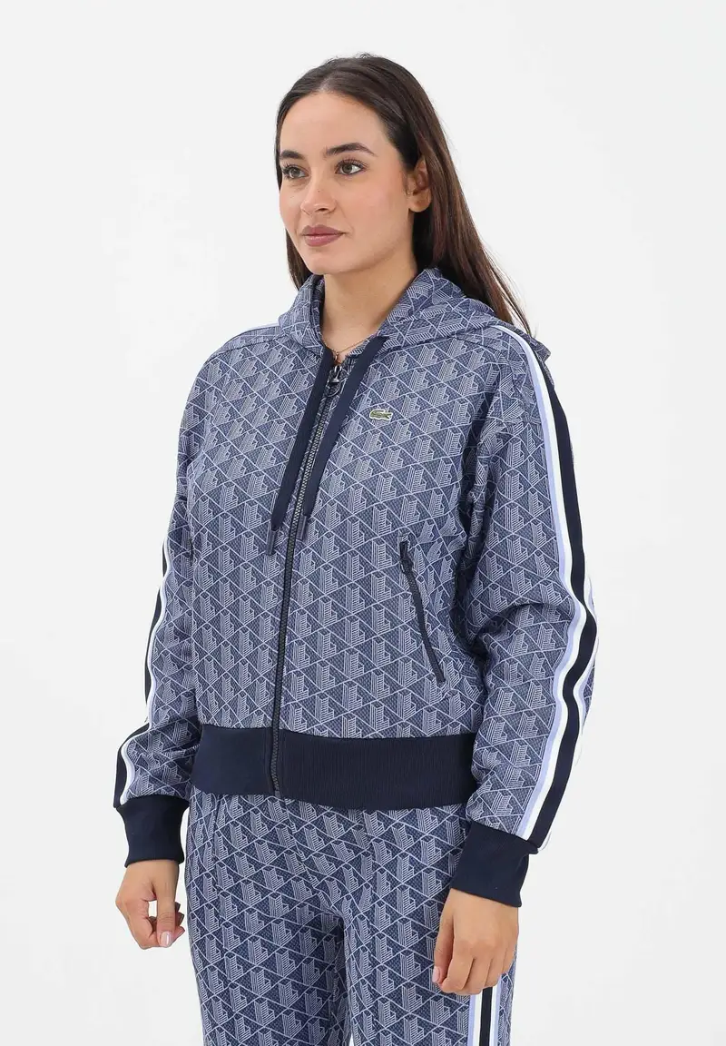 Felpa con zip blu da donna in jacquard con monogramma