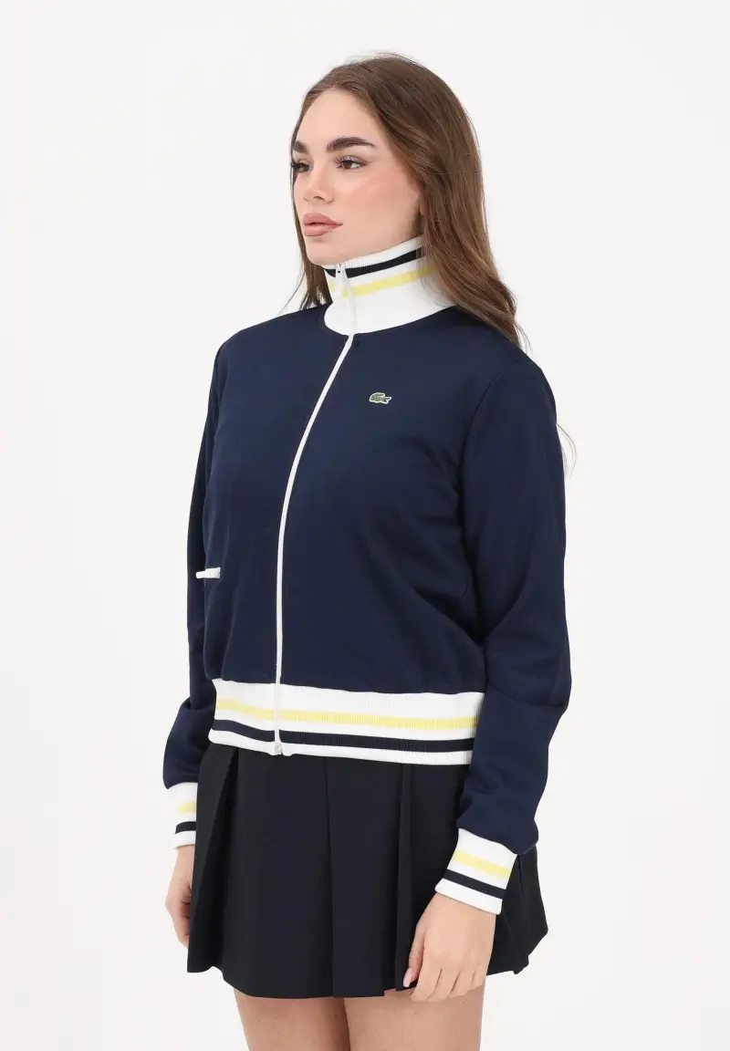 Felpa con zip blu da donna rifinita da orli a contrasto e logo