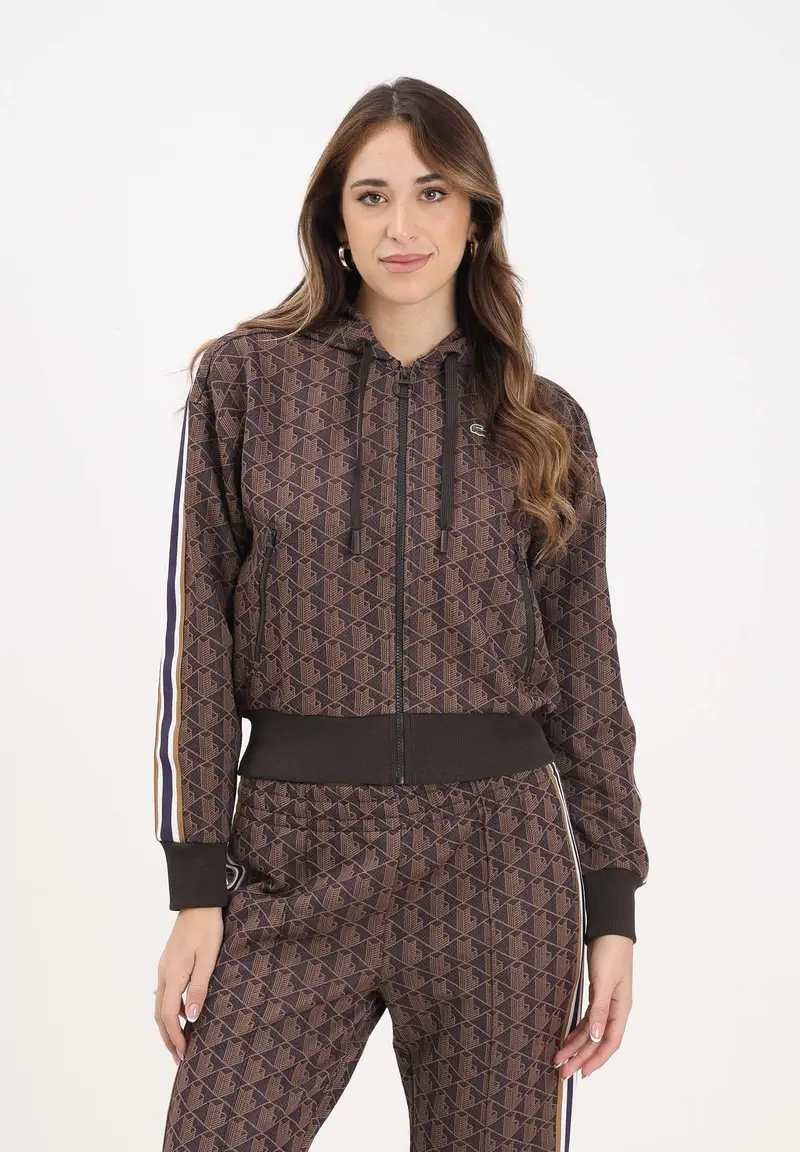 Felpa con zip marrone da donna in jacquard con monogramma miniatura 2