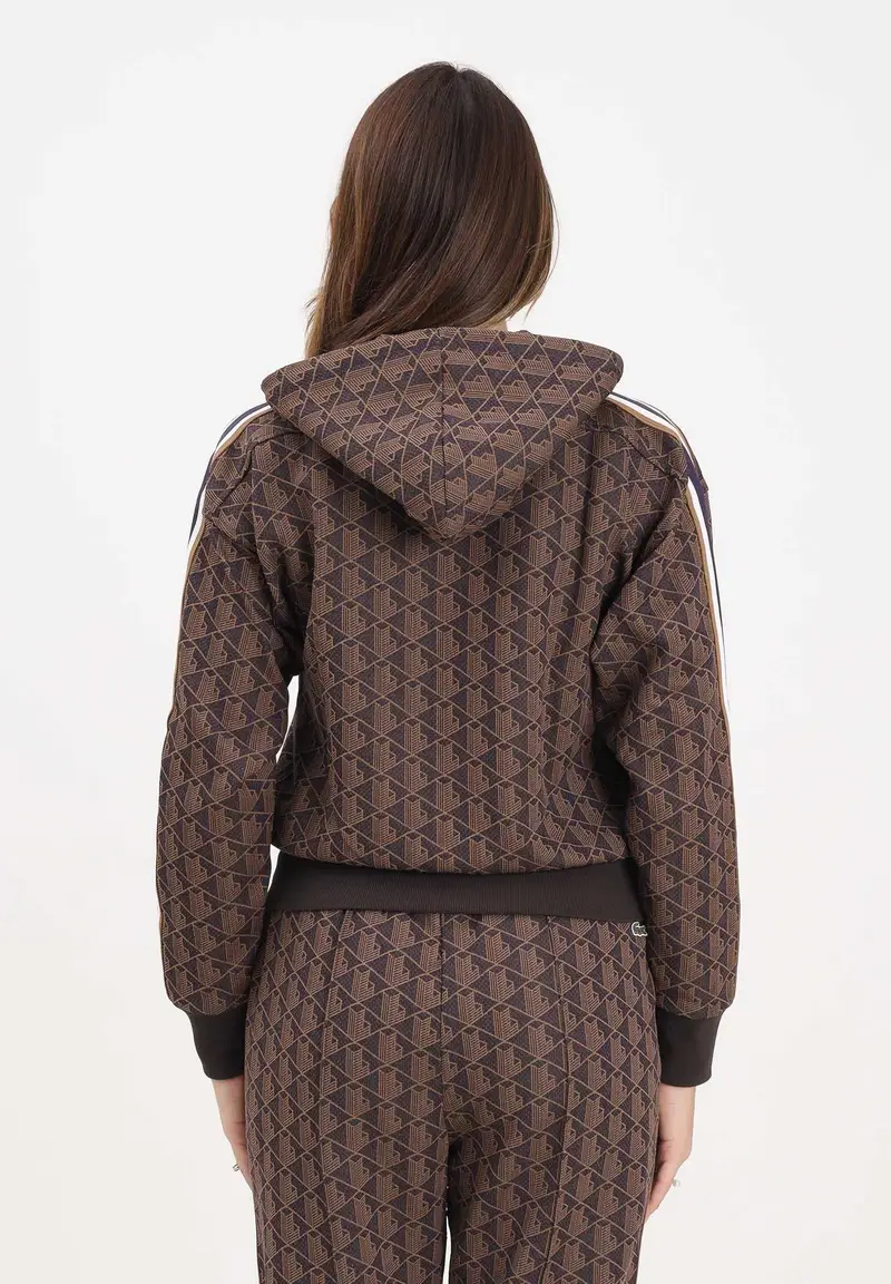 Felpa con zip marrone da donna in jacquard con monogramma miniatura 3