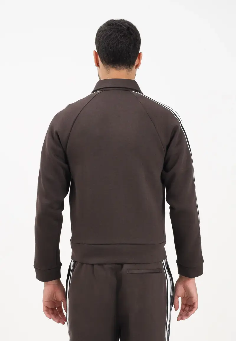 Felpa con zip marrone da uomo caratterizzato da bande a contrasto e logo miniatura 3