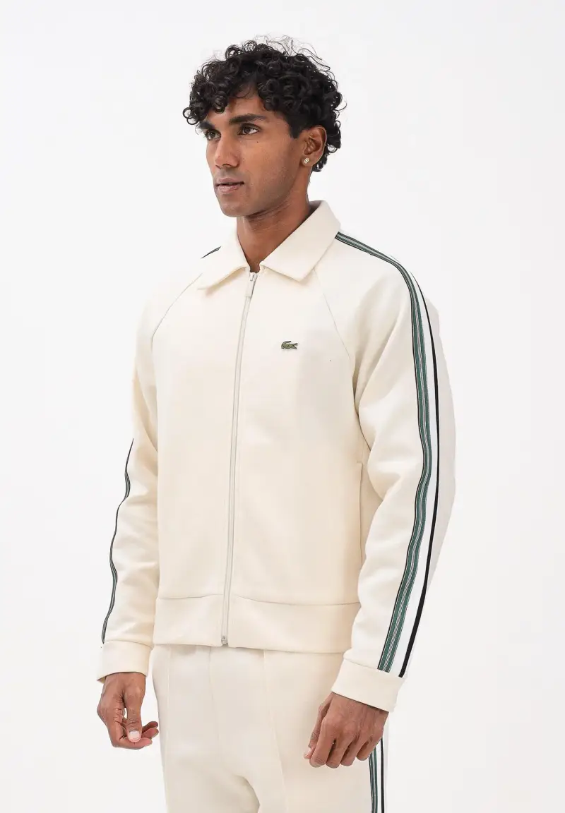 Felpa con zip panna da uomo caratterizzato da bande a contrasto e logo