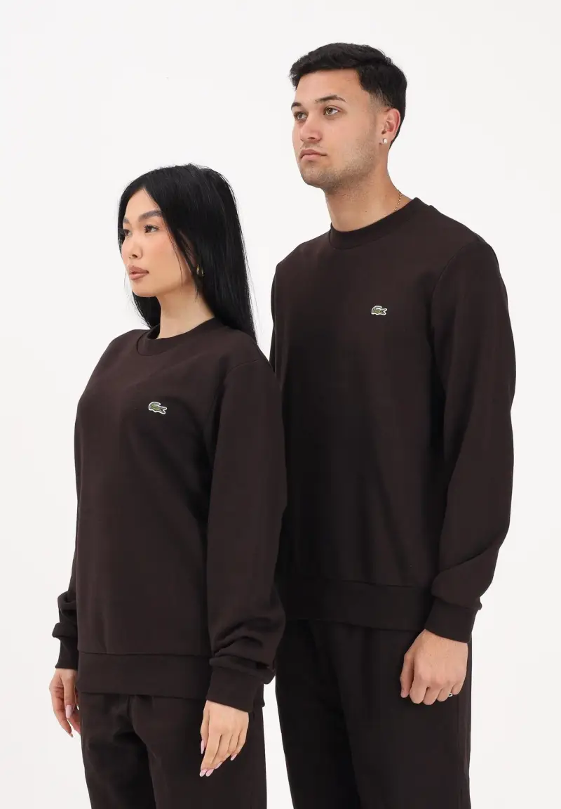 Felpa girocollo marrone per uomo e donna con patch coccodrillo