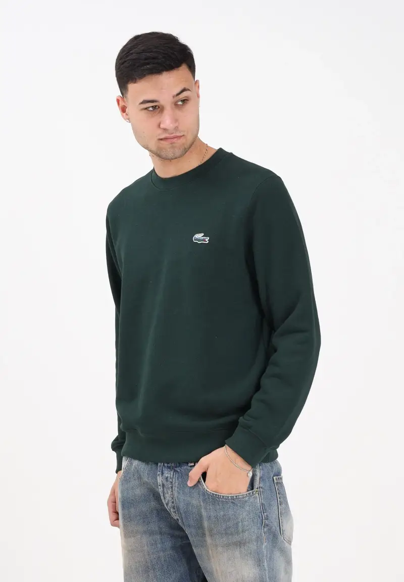 Felpa girocollo verde da uomo con patch logo miniatura 2