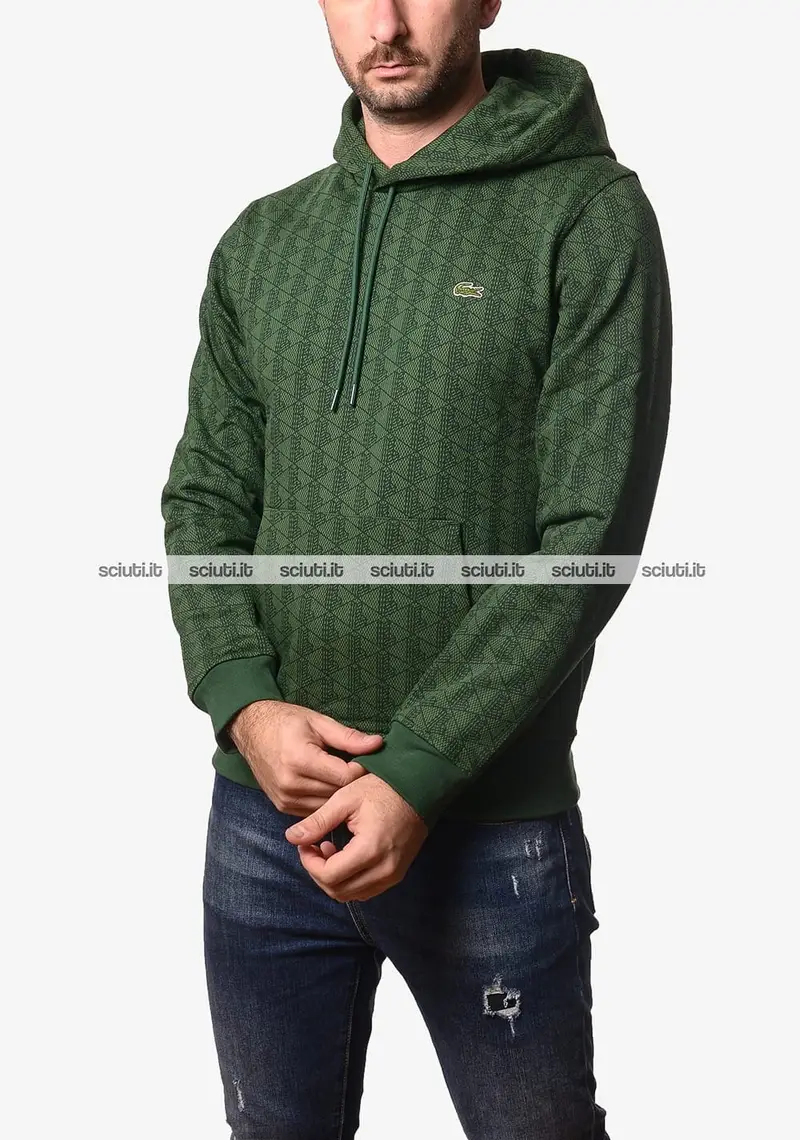 Felpa Lacoste uomo verde scuro con cappuccio logo all over