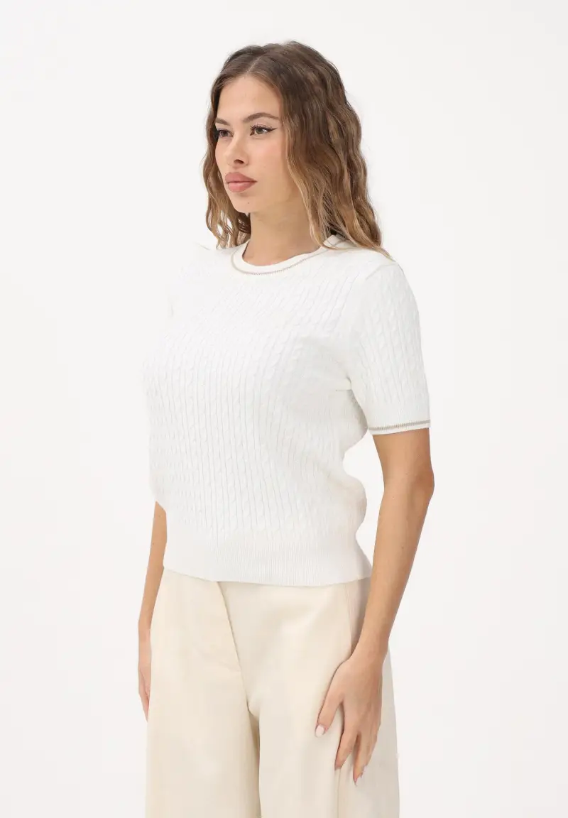 Maglia a manica corta bianca da donna in maglia a trecce