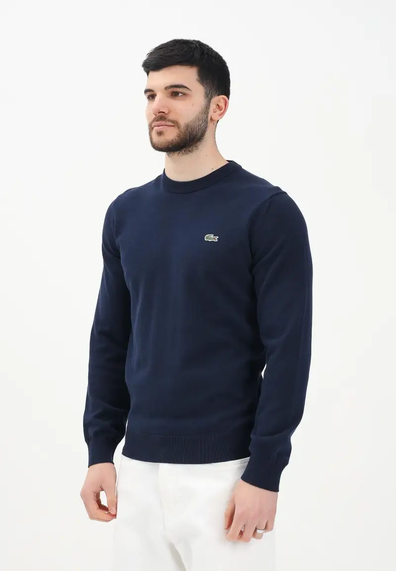 LACOSTE Maglioncino girocollo blu da uomo con patch logo