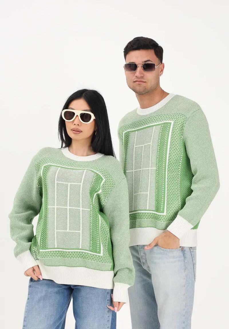 Maglione girocollo bianco e verde per uomo e donna con grafica campo da tennis miniatura 2