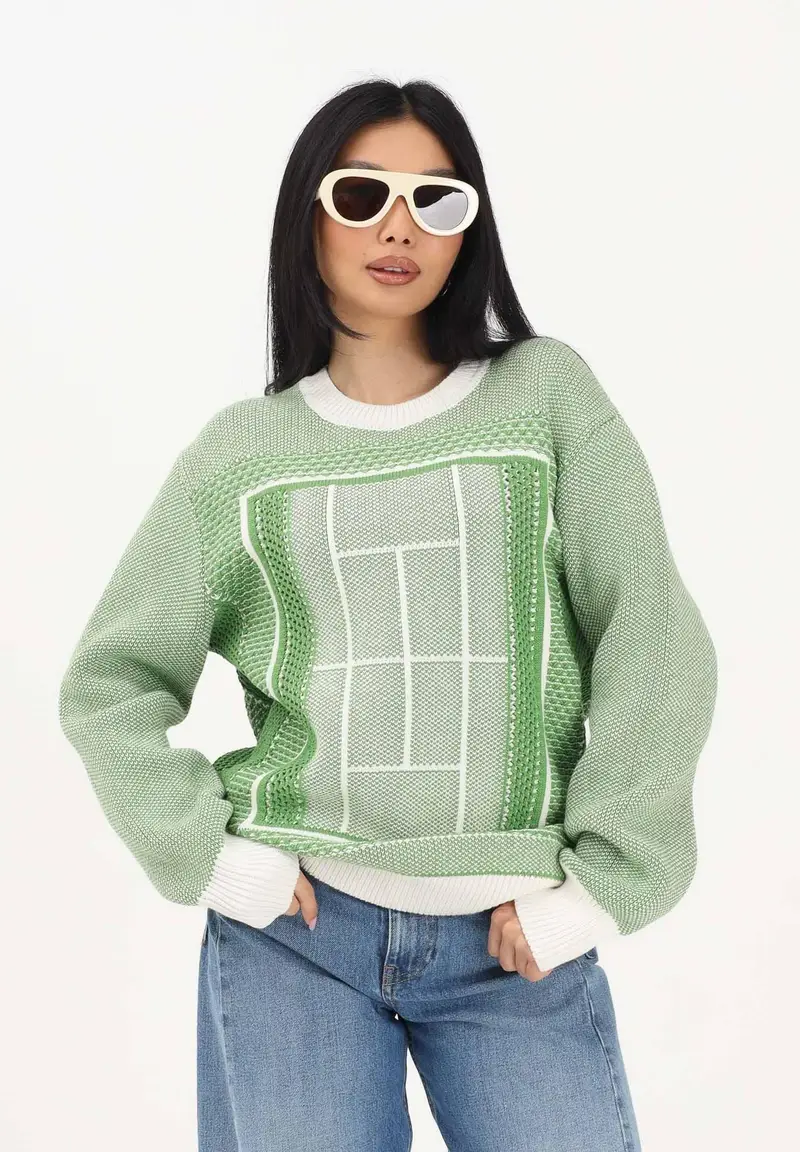 Maglione girocollo bianco e verde per uomo e donna con grafica campo da tennis miniatura 3