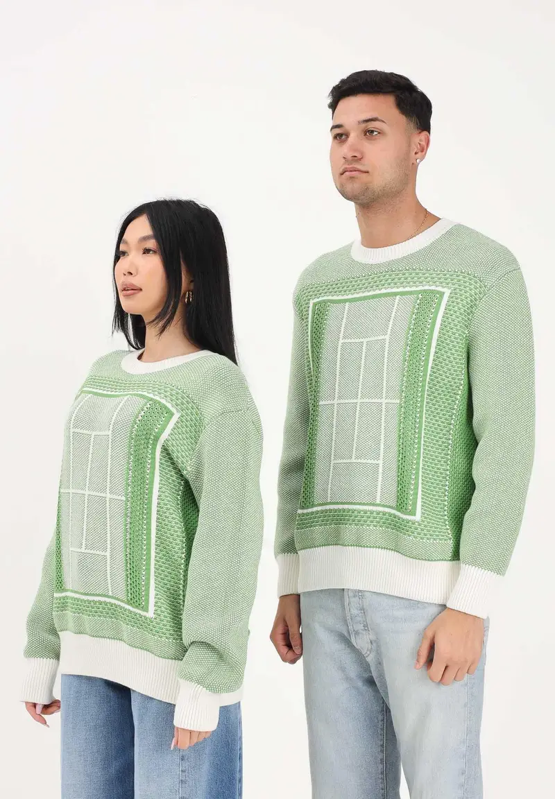 Maglione girocollo bianco e verde per uomo e donna con grafica campo da tennis