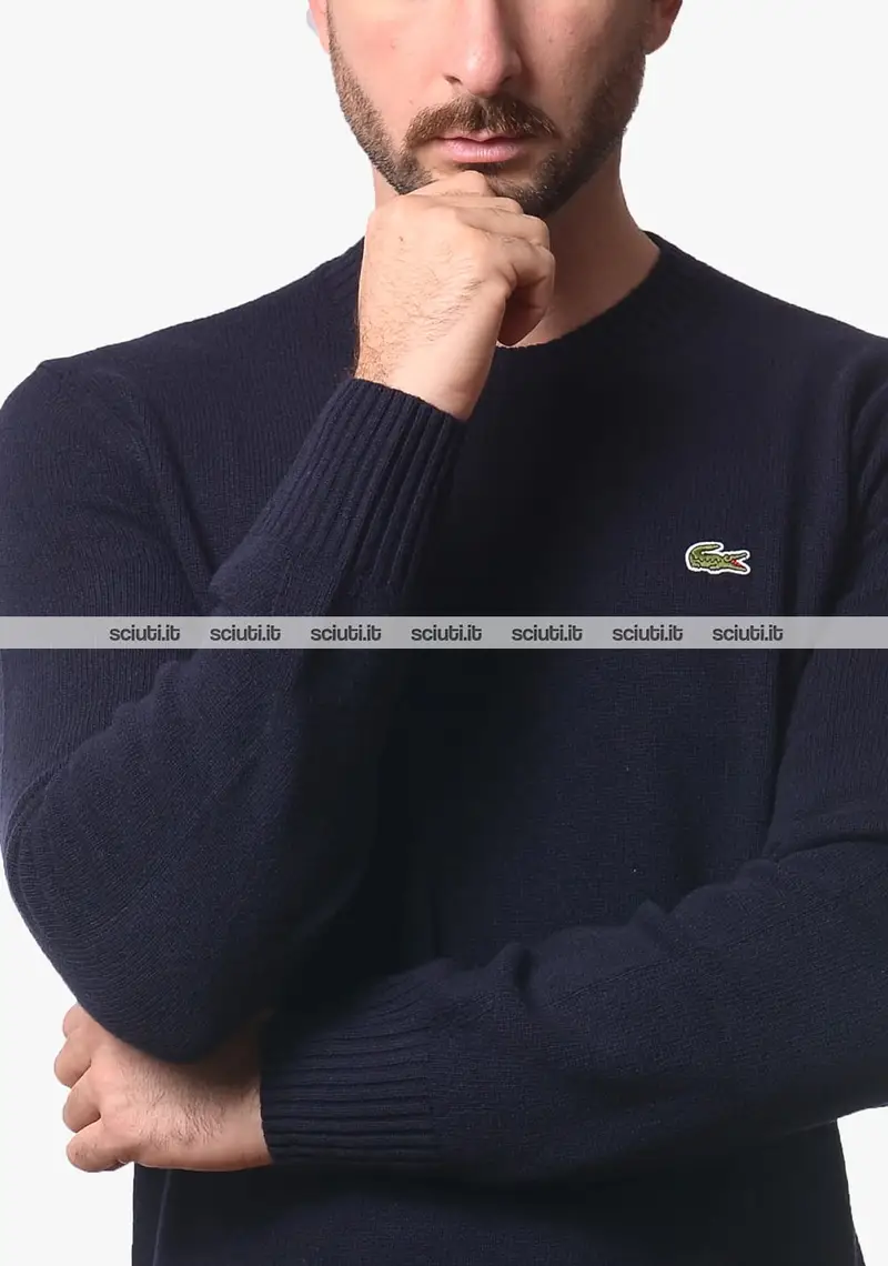 Maglione Lacoste uomo blu scuro in lana cardata