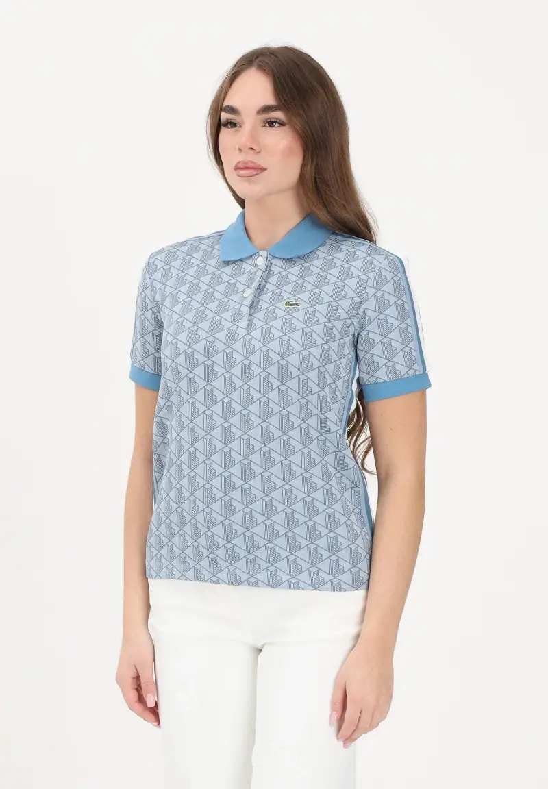 Polo a manica corta azzurra da donna con fantasia monogramma