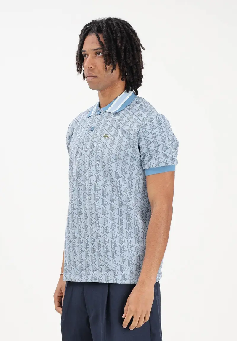 Polo a manica corta azzurra da uomo con motivo monogram