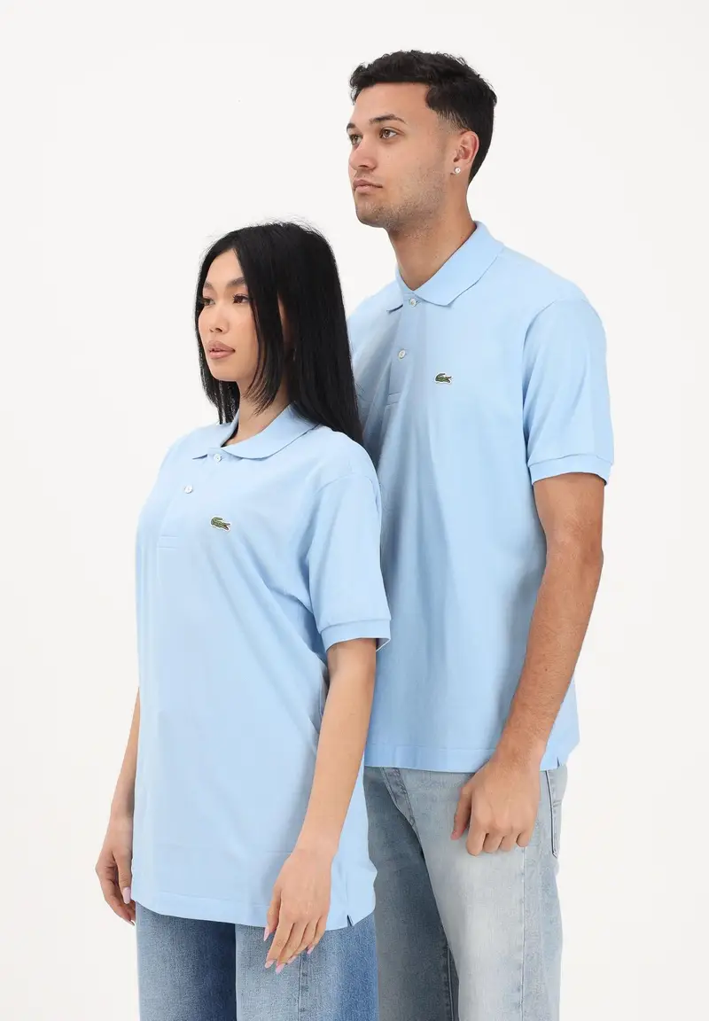 Polo a manica corta azzurra per uomo e donna con patch logo coccodirllo