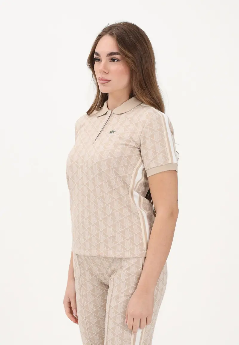 Polo a manica corta beige da donna con fantasia monogramma