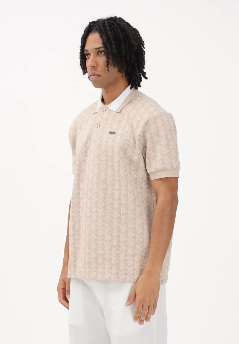 Polo a manica corta beige da uomo con motivo monogram