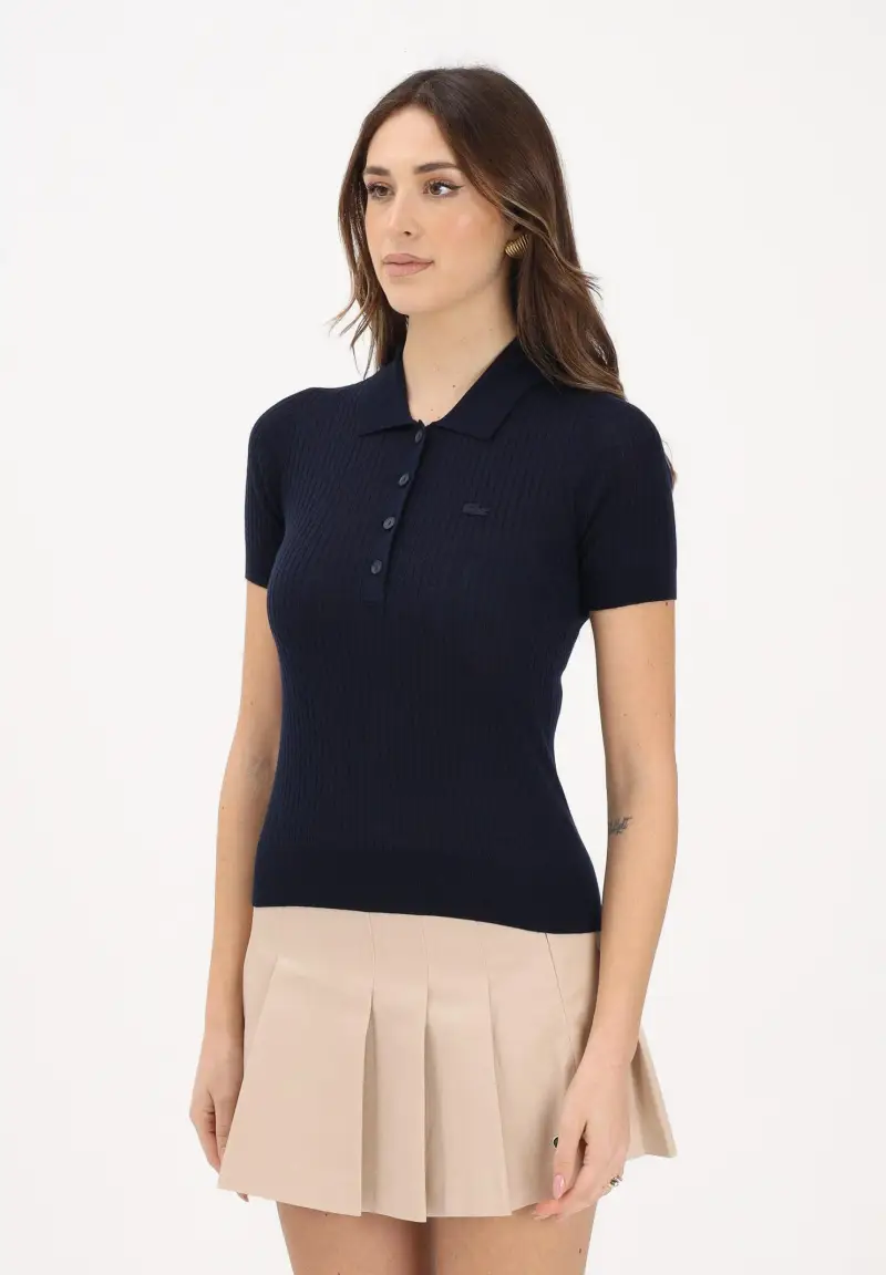 Polo in maglia blu da donna a coste 3D