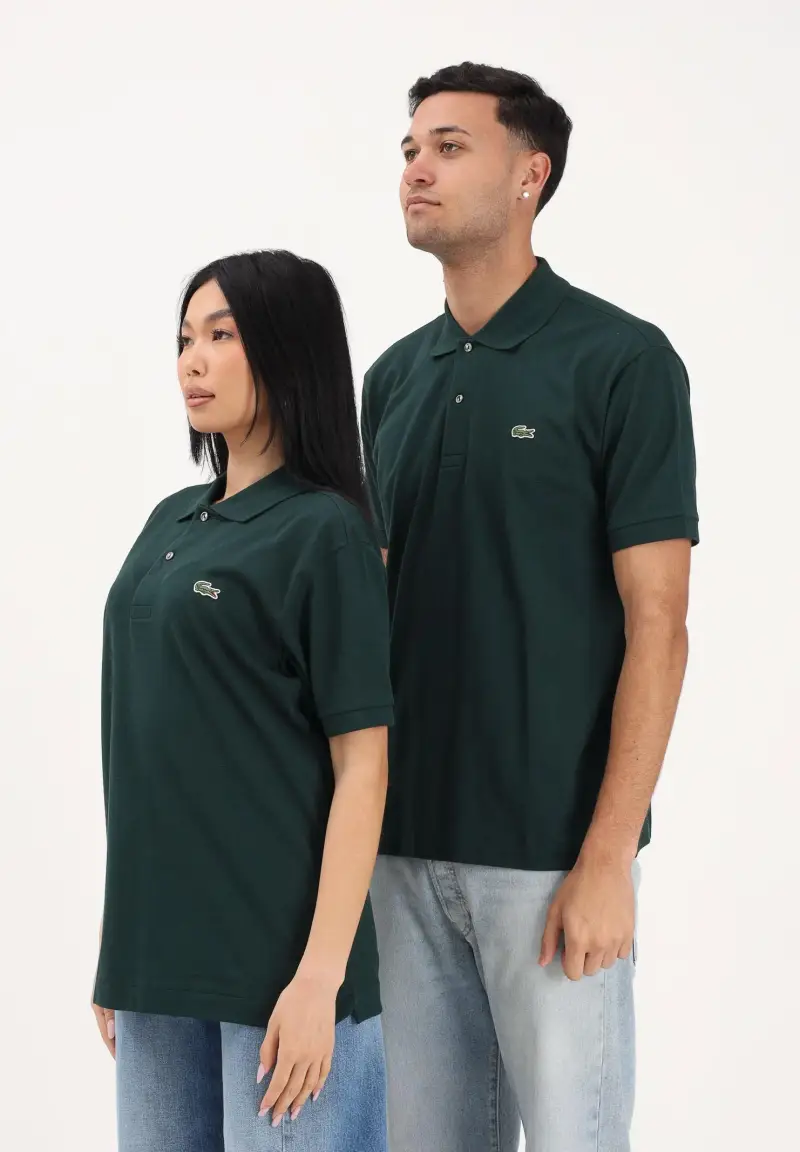 Polo verde scuro per uomo e donna con patch logo coccodirllo