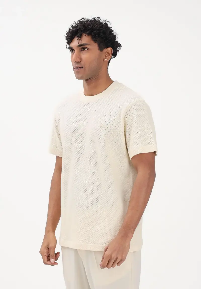 T-shirt a manica corta panna da uomo in cotone traforato