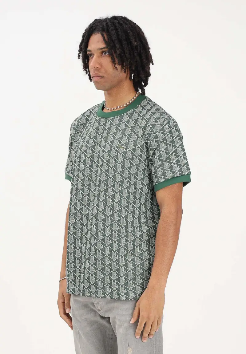 T-shirt a manica corta verde da uomo con monogramma jacquard