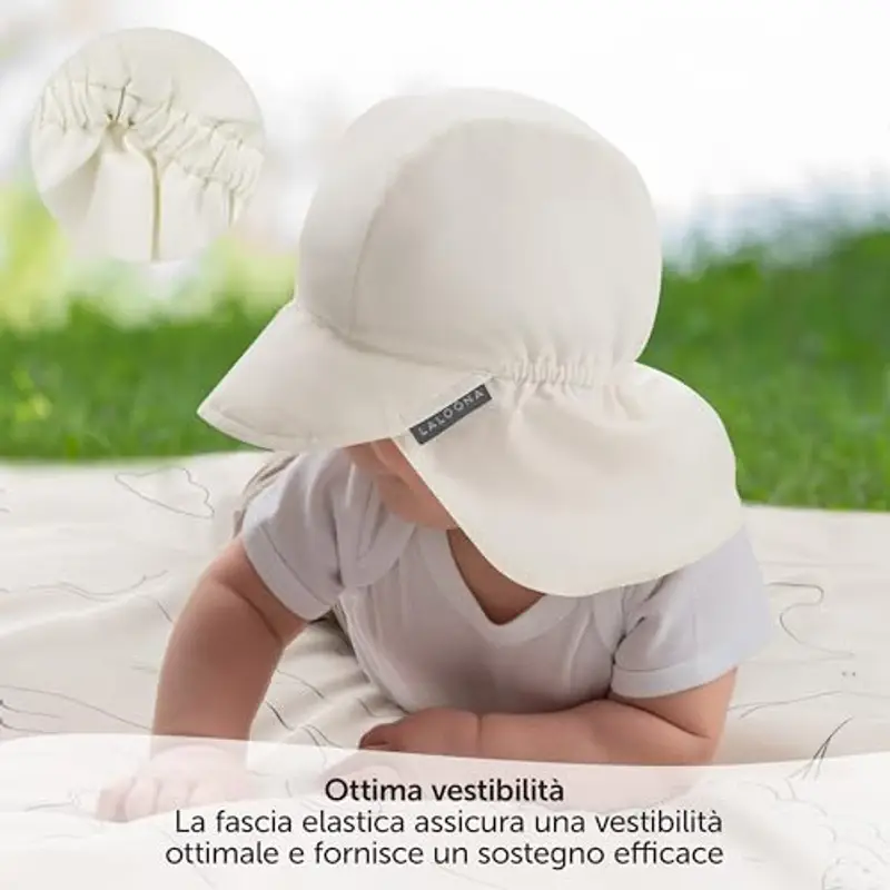 LaLoona Cappello Neonato con Visiera, Copertura Collo UV80+ - Cappellino Neonato Estivo con Protezione UV, Traspirante, OEKOTEX Standard 100, Unisex - Bianco, 46/49 miniatura 3