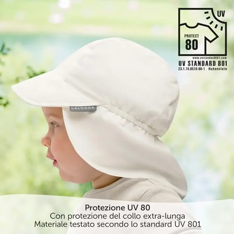 LaLoona Cappello Neonato con Visiera, Copertura Collo UV80+ - Cappellino Neonato Estivo con Protezione UV, Traspirante, OEKOTEX Standard 100, Unisex - Bianco, 50/51 miniatura 2
