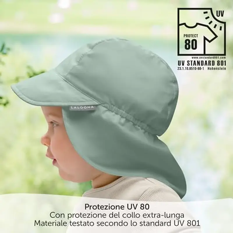 LaLoona Cappello Neonato con Visiera, Copertura Collo UV80+ - Cappellino Neonato Estivo con Protezione UV, Traspirante, OEKOTEX Standard 100, Unisex - Verde, 46/49 miniatura 2