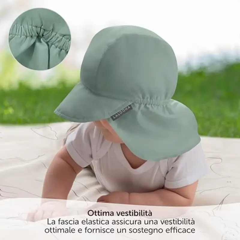 LaLoona Cappello Neonato con Visiera, Copertura Collo UV80+ - Cappellino Neonato Estivo con Protezione UV, Traspirante, OEKOTEX Standard 100, Unisex - Verde, 46/49 miniatura 3