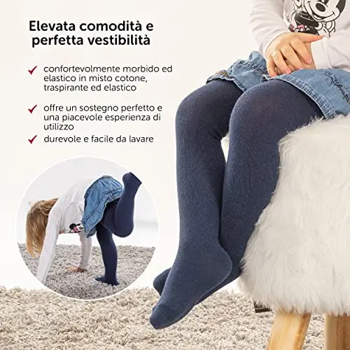 LaLoona - Set 2 paia calze bambina collant, calzamaglia bimba bimbo elasticizzati, ampio elastico alto in cotone miniatura 3