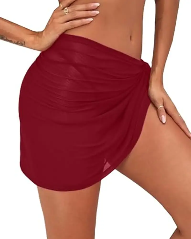 Laphilo Pareo Copricostume Donna Chiffon Corto Mare Spiaggia Vacanza (cod. 6089) (Bordeaux) miniatura 3