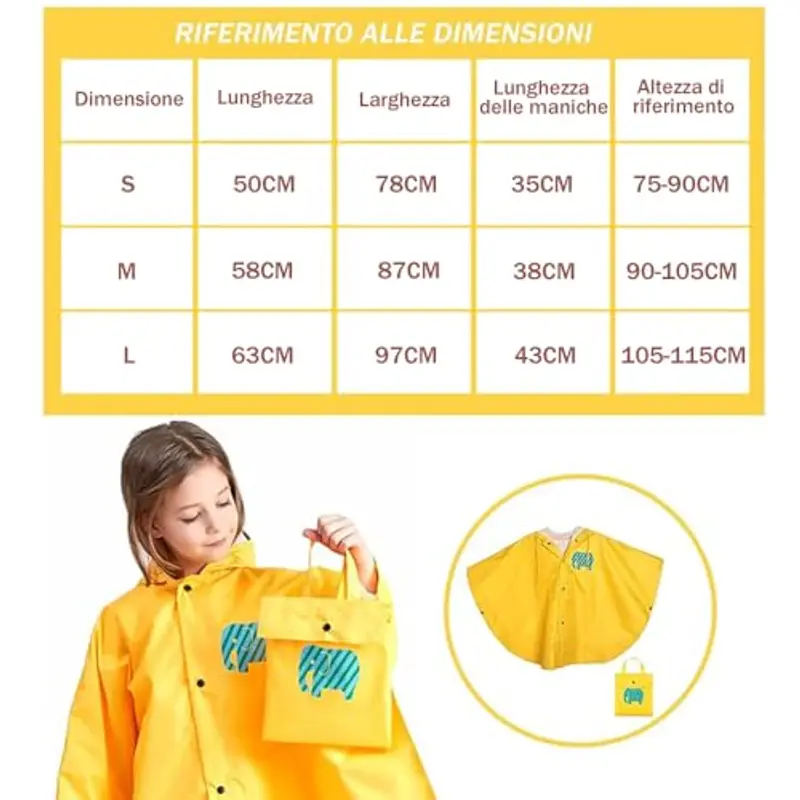 LATRAT Mantella Antipioggia Bambino, per Pioggia Unisex per Bambini, Mantellina Pioggia Bimbo Impermeabile con Cappuccio 100% Antipioggia e Traspirante, L, Giallo miniatura 3