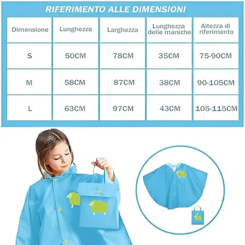 LATRAT Mantella Antipioggia Bambino, per Pioggia Unisex per Bambini, Mantellina Pioggia Bimbo Impermeabile con Cappuccio 100% Antipioggia e Traspirante, M, Blu miniatura 3