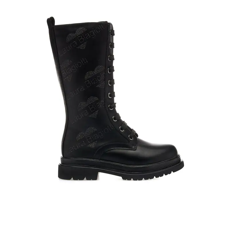 Anfibi neri con gambale alto e loghi laterali glitter da bimba