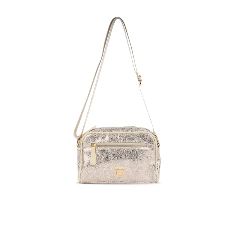 Borsa argento da donna con tracolla regolabile in tessuto e tasca frontale