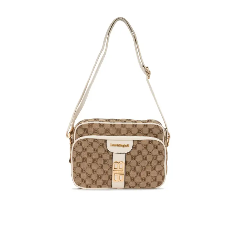 Borsa beige da donna con tracolla regolabile e fantasia multi-logo