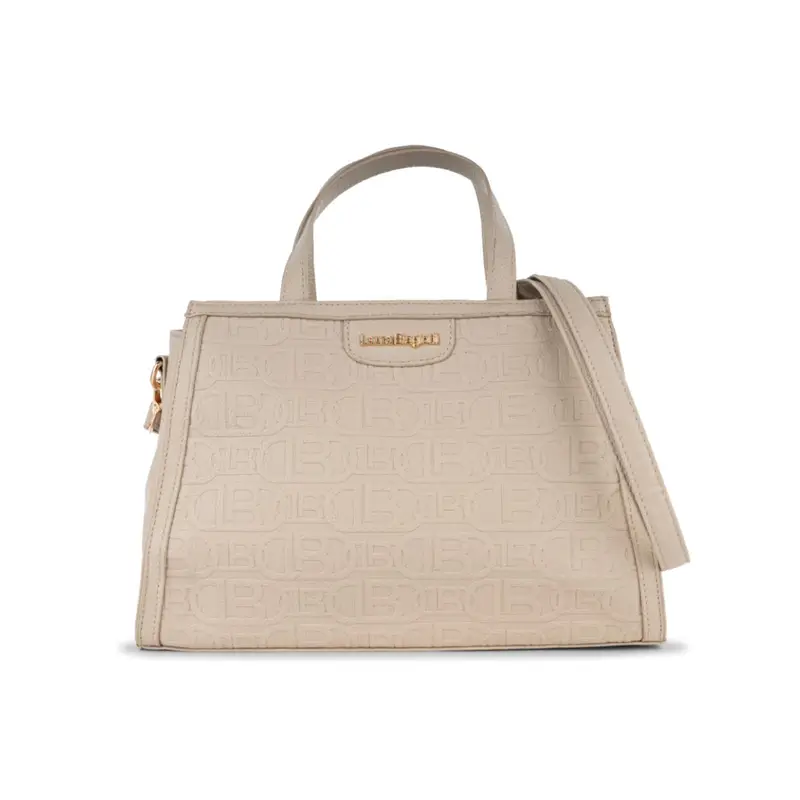 Borsa beige da donna in pelle con stampa multilogo