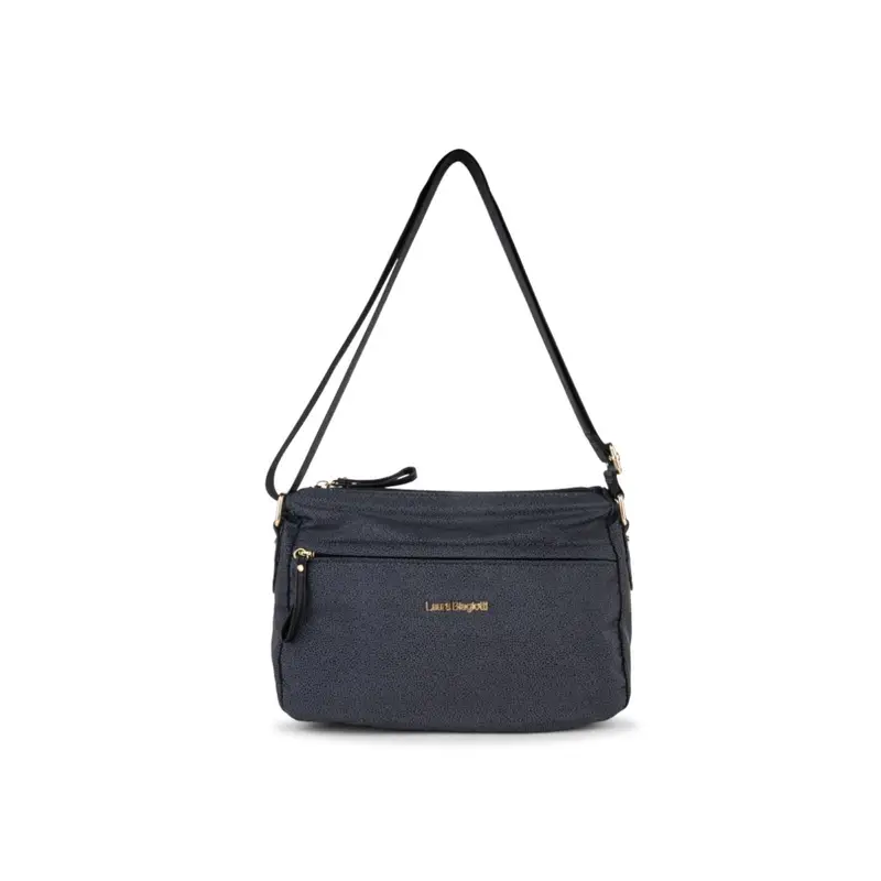 Borsa blu da donna con tracolla in tessuto e tasca frontale con zip