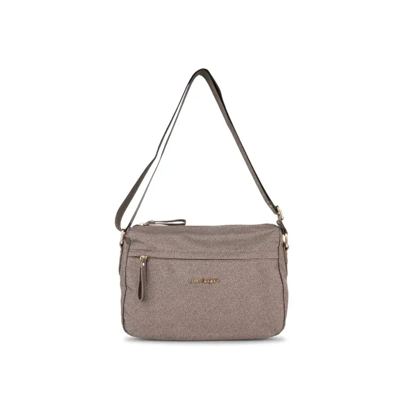 Borsa marrone da donna con tracolla in tessuto e tasca frontale con zip